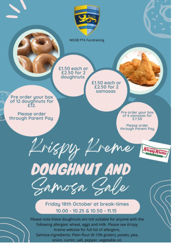 A poster for a doughnut and samosa sale

Description automatically generated