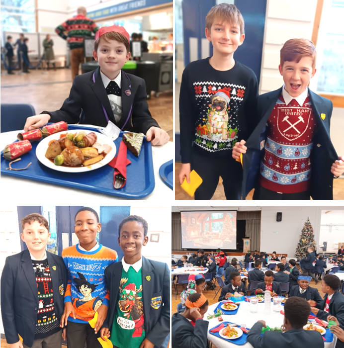 A group of boys in a room with a table full of food

Description automatically generated